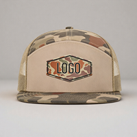 Gorra Trucker de 7 Paneles para Adulto, Estructurada, de Algodón 168, con Parche de Cuero Personalizado con Logotipo, Bordado y Apliques de Camuflaje, Cierre a Presión