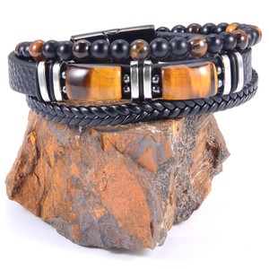 Tiger's Eye Obsidian Agate Bead <b>Bracelet</b> Black Brown <b>Leather</b> Woven Magnetic Buckle Unisex Fashion Jewelry 7.5 8.5 9 Inches - Product Image 3