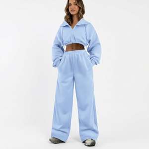 Women's Winter Custom 2-Piece Set Solid Color Fleece <b>Crop</b> Top Hoodie <b>Zip</b>-<b>up</b> Long Sleeve Printing Logo Sweatshirts - Product Image 1