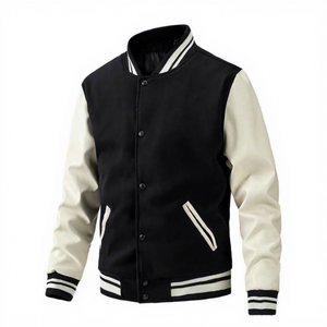 Men's Navy Varsity Jacket Turn-down Collar Button Closure White Sleeve Preppy Style Autumn Wear Regular Fit - Product Image 2
