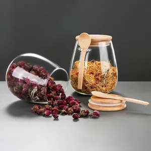 Bocal à épices en verre de 1000ml avec couvercle et cuillère en bambou Bocaux en verre de stockage de qualité alimentaire avec couvercle rabattable