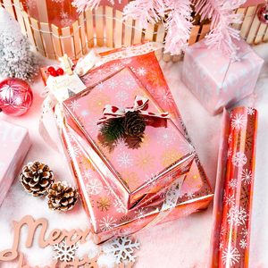 MAYPLUSS Pink Christmas <b>Wrapping</b> <b>Paper</b> Roll 17in X 33ft Gold White Snowflake Anti Curl Gift Craft Packaging - Product Image 3
