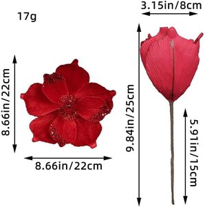 Velvet Artificial Glitter Magnolia Flowers and Poinsettia Ornaments <b>for</b> <b>Christmas</b> <b>Tree</b> 21x24CM Matel <b>Base</b> Home Decoration - Product Image 4