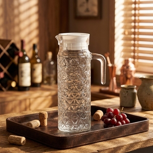 Jarra de Vidro com Design de Diamante em Relevo e Tampa, 1L, para Uso Doméstico - Product Image 1