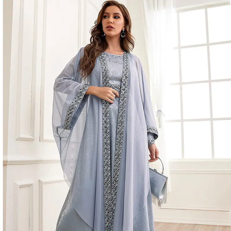 ot Selling Autumn Middle East Dubai Arabian Abaya Muslim Embroidered Long Gray Women Casual Dresses
