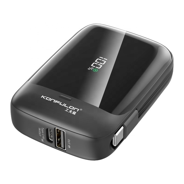 KONFULON Mini 10000mAh LED Display Power Bank with Detachable Built-in Type-C & 8 Pin Cables for Phone Fast Recharge in Travel