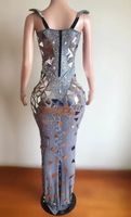 Robe miroir argentée réfléchissante à col en V sans manches, costume de concert, tenue de performance de salle de bal, ensembles de robes de danse pour femmes