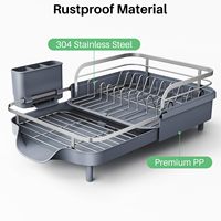 Égouttoir à vaisselle extensible pour comptoir de cuisine, avec cadre métallique résistant à la rouille, porte-ustensiles, barrière de protection surélevée et égouttoir amovible