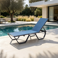 Chaise longue moderne réglable avec dossier, cadre en aluminium noir, tissu Teslin bleu, pour extérieur, hôtel, bord de piscine