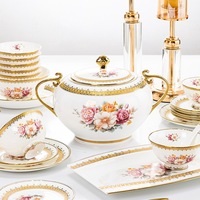 Service de table en porcelaine fine avec bordure dorée, vaisselle de luxe pour mariage, service de table à motif de roses
