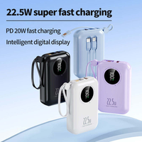 Batterie externe ultra-fine 10000mAh 20W à charge rapide, affichage numérique et câble intégré, chargeur de téléphone portable