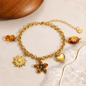 Pulsera de Moda con Dijes, Chapada en Oro de 18k, Aleación de Zinc, Colgante de Corazón y Flor de Sol, Joyería de Regalo - Product Image 3