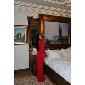 Robe de soirée longue rouge ornée de roses, coupe trapèze, col montant, taille empire, tailles ODM XS-XL pour banquets et invités de mariage - Product Image 1