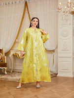 Abaya à motif feuille métallisée brillante avec fermeture éclair avant, manches larges, robe longue arabe de Dubaï pour dîner de fête et réunion de famille