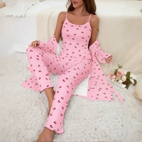 P610 Ensemble 3 pièces de pyjama et vêtements d'intérieur en soie de lait imprimé cerises pour femme, avec robe, à porter à l'extérieur