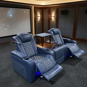 Set Divani Reclinabili da Cinema 3+2 Posti con Funzione Massaggio e Cuciture a Rombo in Vera Pelle Elettrici per Home Theatre - Product Image 1