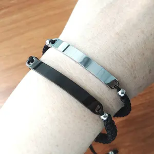 Custom Personalized Stainless Steel Black Silver Bar Black String Braided Woven Engraved Adjustable Handmade Rope Bracelet