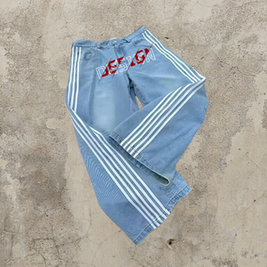 กางเกงยีนส์ขาบานสำหรับผู้ชายกางเกงขาบานสีชมพูขนาดใหญ่สำหรับสตรีทแวร์ผ้าเดนิมผ้าฝ้าย100% ออกแบบได้ตามต้องการ - Product Image 5