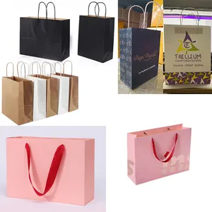 pink Black Take Away Shopping Paper Bag Ribbon Handles Custom Recyclable Plain Kraft Paper Bag China Hot Stamping Foil Gold Logo