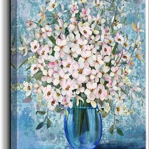 Arte de pared para decoración del dormitorio, arte de flor rosa en botella azul, imagen de tema, lienzo impreso, Obra de Arte Moderna, impresión en lienzo con marco
