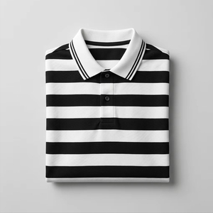 Custom Heavyweight 100% Pique Cotton <b>Men</b> Polo <b>Shirt</b> Classic Black and White Horizontal Striped Old Money Style Slim Fit Polo Tee - Product Image 3