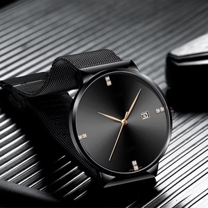 Montre à quartz simple pour homme, étanche, avec index des heures sertis de cristaux, bracelet en maille d'acier inoxydable ultra-fin, montre de cérémonie avec calendrier - Product Image 6