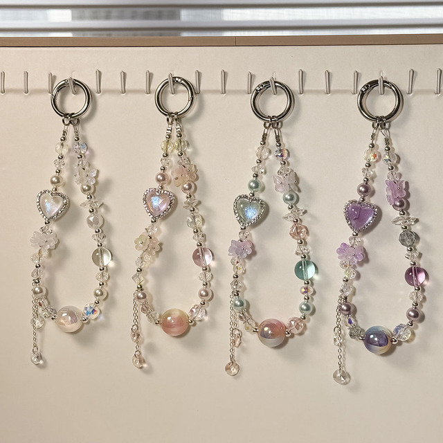 Luxury Flower Bead Crystal Mobile Phone Chain Keychain Wrist Strap Lanyard Love Heart Pendant Mobile Phone Pendant Bag Charms