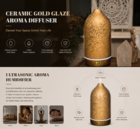 Diffuseur d'huiles essentielles ultrasonique, humidificateur d'air, diffuseur d'aromathérapie en céramique dorée pour la maison, la chambre et le bureau
