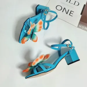 Estate donna <span class=keywords><strong>sandali</strong></span> in vera <span class=keywords><strong>pelle</strong></span> con fiore di farfalla <span class=keywords><strong>blu</strong></span> blocchi tacchi alti aperti in gomma scarpe con cinturino Vintage Casual alla caviglia - Product Image 6