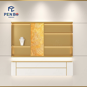 Escaparate de pared de madera moderno con almacenamiento oculto y estantes iluminados para joyerías Almacenamiento de pared de estudio de joyería - Product Image 1