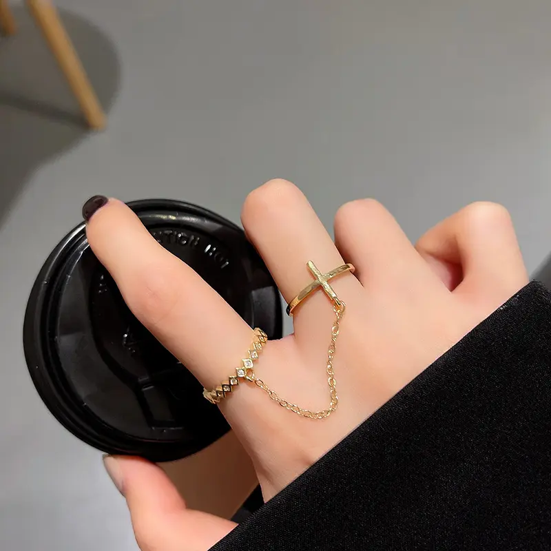 Korean version exquisite cross Zircon ring Fashion temperament chain double ring cold wind personality index finger ring