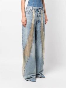 Pantalones de mujer de cintura alta y pierna ancha, vaqueros con diseño de rejilla hueca, perforaciones láser y diamantes incrustados, con lavado sostenible - Product Image 5