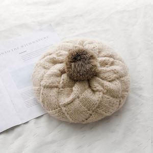 Fashion Winter Custom Keep <b>Warm</b> Rabbit Fur Pom Cap Crochet Wool Painter Beret <b>Hats</b> for Women - Product Image 6