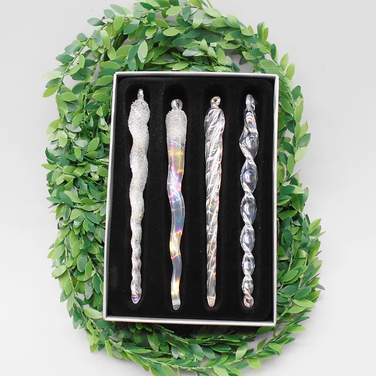 Set Of 4 Glass Icicle Decoration For Christmas Tree Hanging Color Icicle christmas decoration