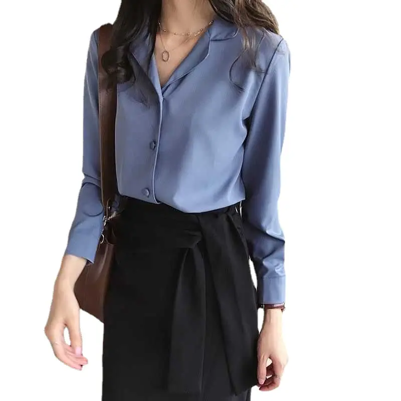 Zarif kadın saten bluzlar şifon ofis bluzlar üst moda tasarım uzun kollu bluzlar gömlek