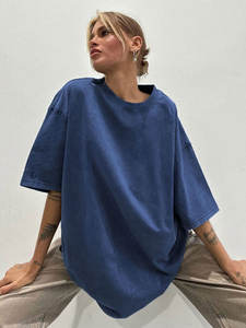 T-shirt d'été en coton tricoté à manches courtes, délavé, col rond, style streetwear, décontracté, ample, simple, couleur unie, doux pour femme - Product Image 4