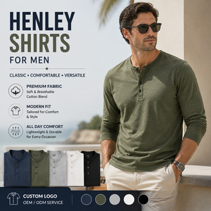 Henley Shirts For <b>Men</b> <b>Long</b> <b>Sleeve</b> Textured Slub Cotton Blend Button Neck Casual Lightweight <b>Top</b> Custom Logo Private Label - Product Image 1