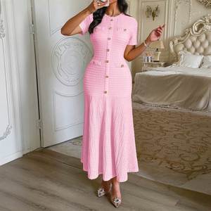 Women's 2026 Fall Midi <b>Dress</b> Fashion Button Round Neck Short Sleeve Ribbed Knit Winter Holiday Casual <b>Dresses</b> - Product Image 3