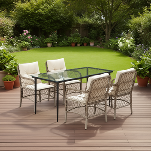 Set da Pranzo da Giardino in Rattan Beige per 4 Persone, Struttura in Metallo, Resistente alle Intemperie, Arredamento da Esterno dal Design Contemporaneo - Product Image 2