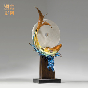 Ornement en laiton Cuivre et Or, Poisson Koi et Lune Lumineuse, pour la décoration intérieure, cadeau de table - Product Image 4