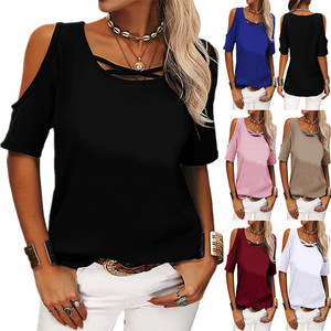Moda Casual Europa América Verano Mujer Color sólido Manga corta Hombro desnudo Top <span class=keywords><strong>Camiseta</strong></span> suelta Top de gran tamaño - Product Image 1