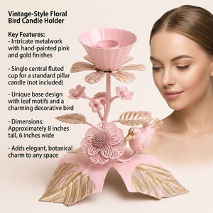 Support à bougie rose floral avec oiseau et feuilles, décoration d'intérieur, porte-bougie en acier métallique - Product Image 5