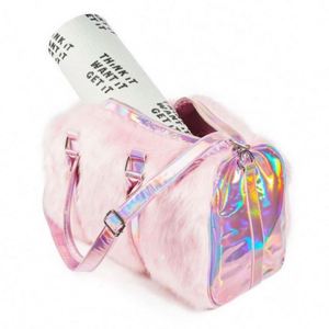 Sac de voyage en fourrure rose holographique laser PU tendance hiver 2023, sac de voyage en peluche pour femmes - Product Image 5