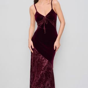 Robe vintage en velours, col en V, bretelles, midi, élégante pour femme - Product Image 1