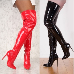 Bottes élastiques à hauteur de cuisse pour femmes, talons fins rouges, au-dessus du genou, sexy, avec fermeture éclair, pour la danse en boîte de nuit, grande taille 48 - Product Image 2