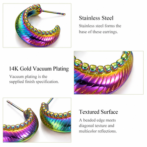 Textured <b>C</b> Hoop Earrings Stainless Steel Iridescent Multicolor Look with Beaded Edge and Diagonal Surface Detail - Product Image 4