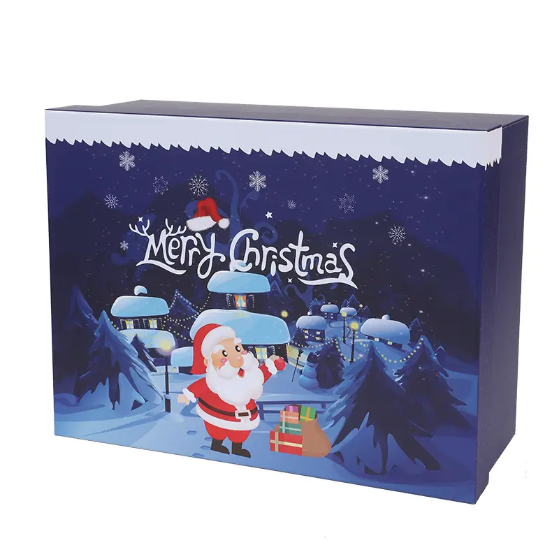 Top dưới lớn màu xanh đậm giấy Hộp quà tặng với thiết kế phim hoạt hình bán chạy nhất Christmas Eve Khăn hộp vàng lá đóng dấu dập nổi