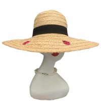 Sombreros de Sol para mujer, bordado de mariquita, sombreros de paja de rafia de ala ancha, sombrero flexible de playa plegable para mujer de verano para viajes al aire libre