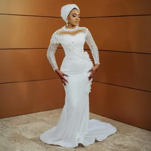 Vestidos de Novia Sirena Talla Grande Aso Ebi, Vestidos de Novia con Cuello Alto, <span class=keywords><strong>Lentejuelas</strong></span>, Encaje y Perlas Decorativas para Bodas Africanas - Product Image 1