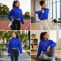 Sweat-shirt demi-zippé pour femme, bleu roi, délavé à l'acide, à sequins, avec intérieur en polaire brossée et col montant – Vente en gros